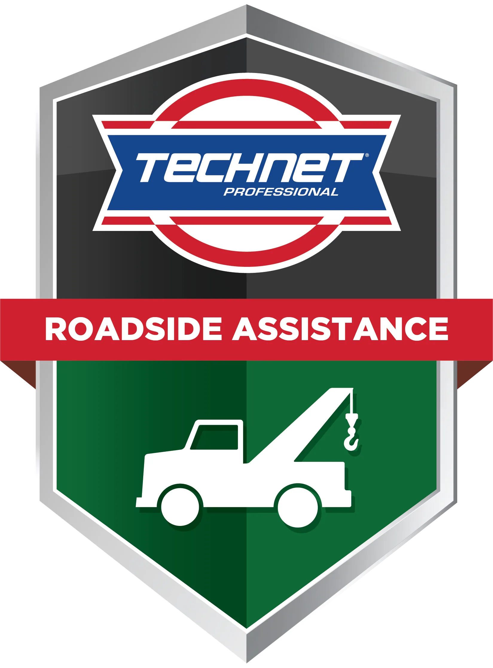 A roadside assistance badge with a tow truck on it.